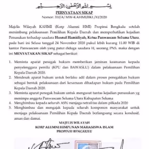 Pernyataan Sikap KAHMI Wilayah Terkait Penusukan Ketua Panwascam Seluma Utara