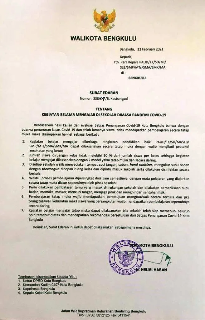 Walikota Helmi Hasan Izinkan Kegiatan Belajar Tatap Muka Di Sekolah