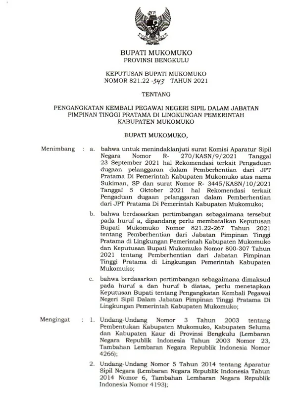 Usai Di Angkat Kembali Setelah Dinonjobkan, Lima Pejabat Eselon II Mukomuko Belum Juga Dilantik