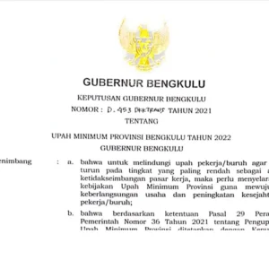 Resmi, 1 Januari 2022 UMP Bengkulu Naik