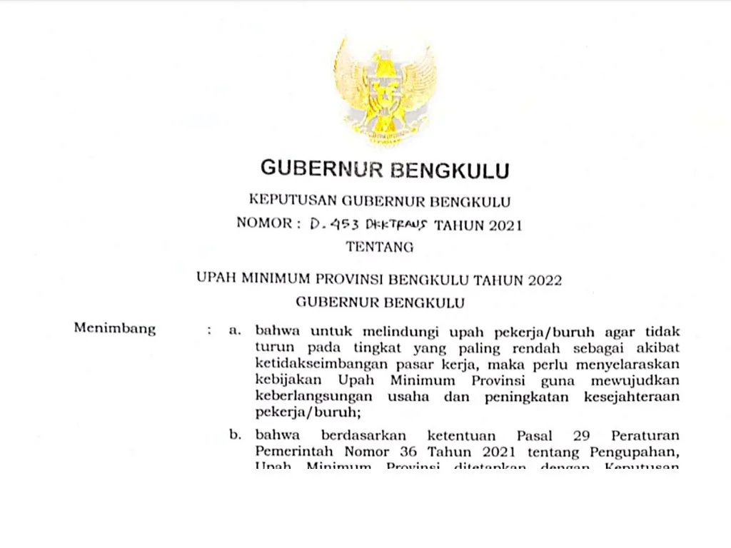 Resmi, 1 Januari 2022 UMP Bengkulu Naik