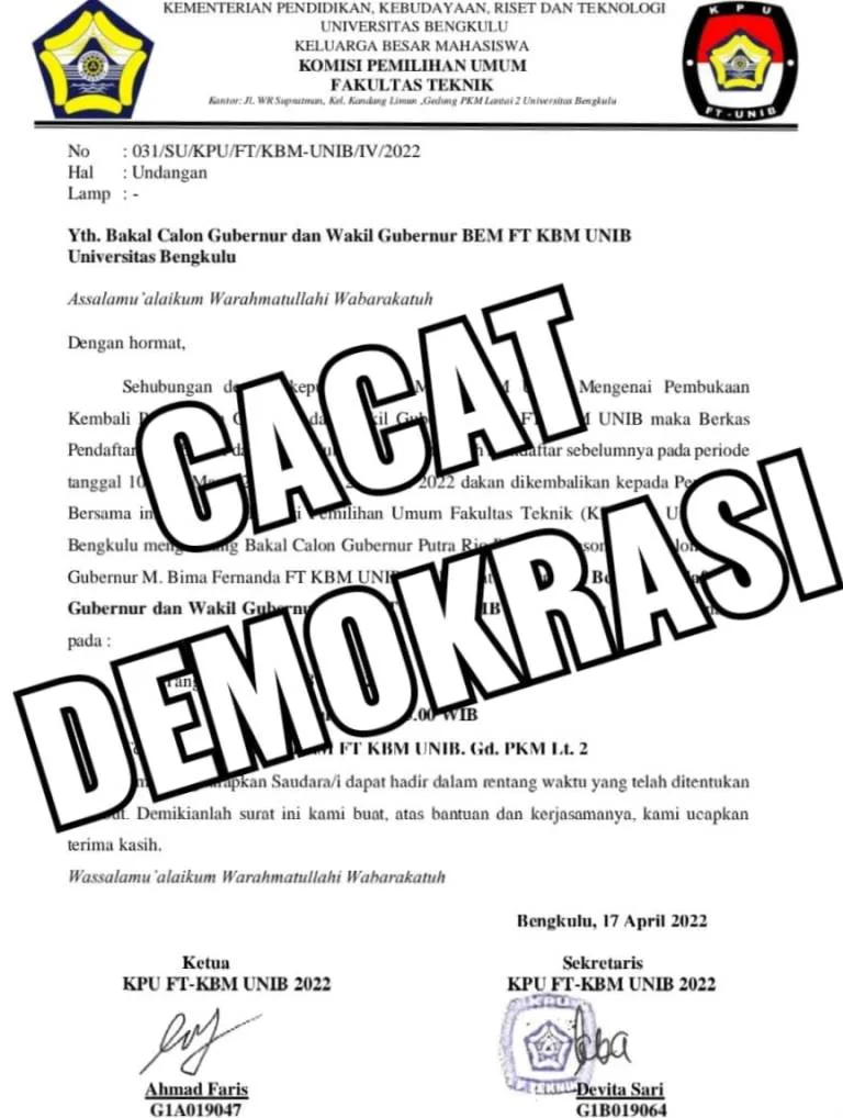 Pemira Unib Diduga Cacat Prosedur, KPU FT Surati Paslon