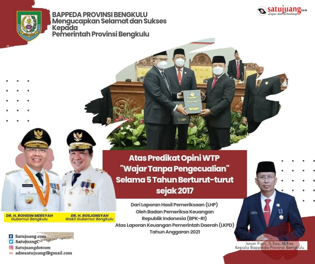 BAPPEDA Provinsi Bengkulu Mengucapkan Selamat Atas Capaian Predikat WTP 5 Tahun Berturut-turut Pemprov Bengkulu