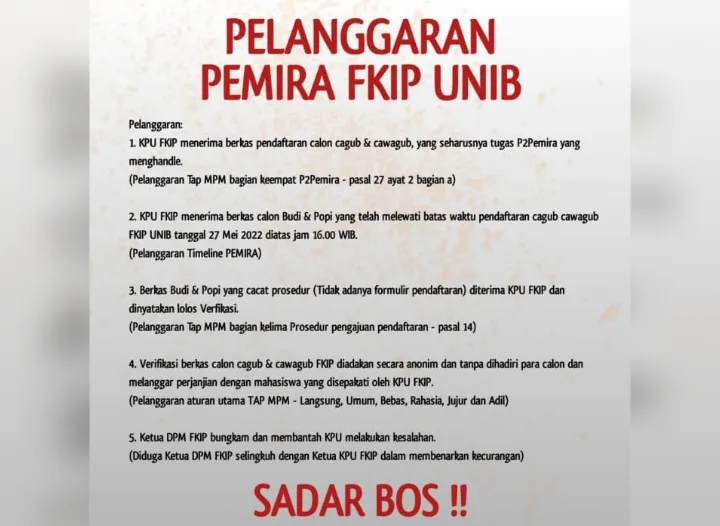 Pemira FKIP UNIB, Diduga Ada Oknum Sebarkan Pamflet Black Campaign