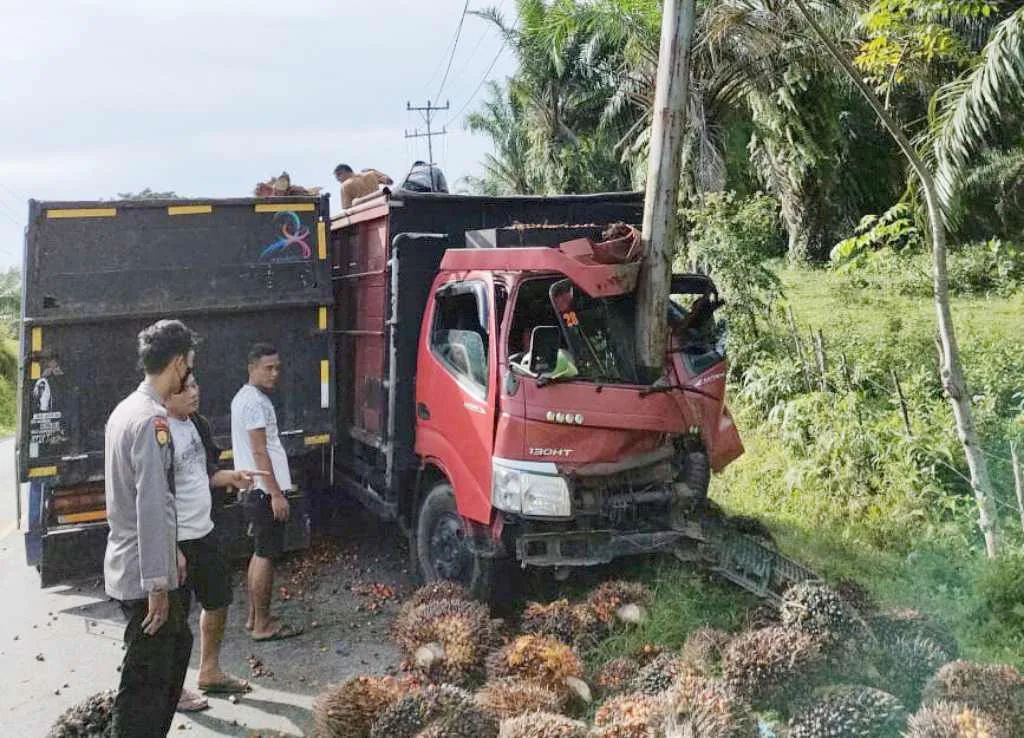 Elak Pengendara Lain, Truk Muatan Sawit Hantam Tiang Listrik