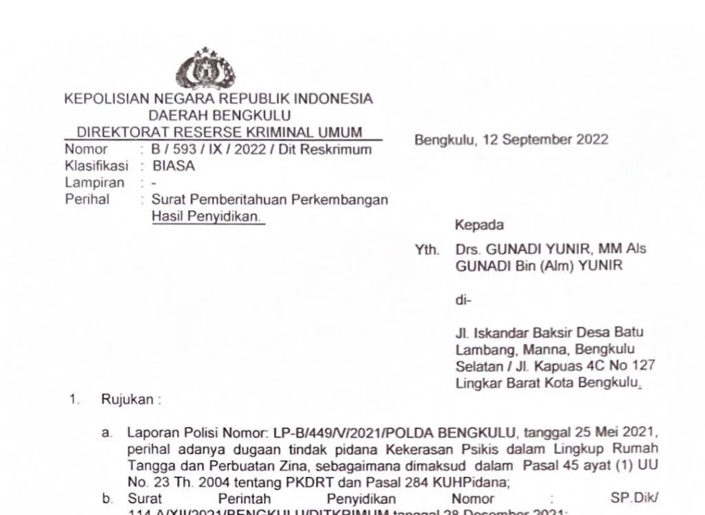 15 Bulan di Polda Bengkulu Laporan Perzinahan Anggota Dewan Provinsi