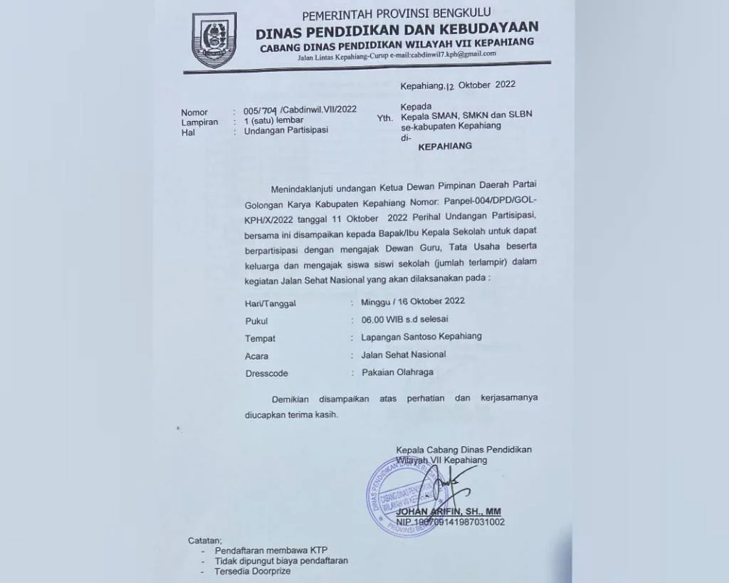 Surat imbauan partisipasi HUT Partai Golkar di Kepahiang