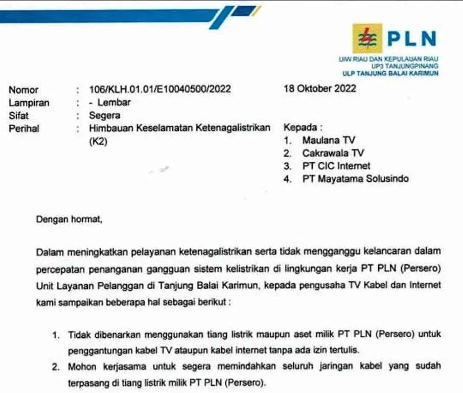 PLN Karimun Minta Provider Tak Berizin Pindahkan Kabel