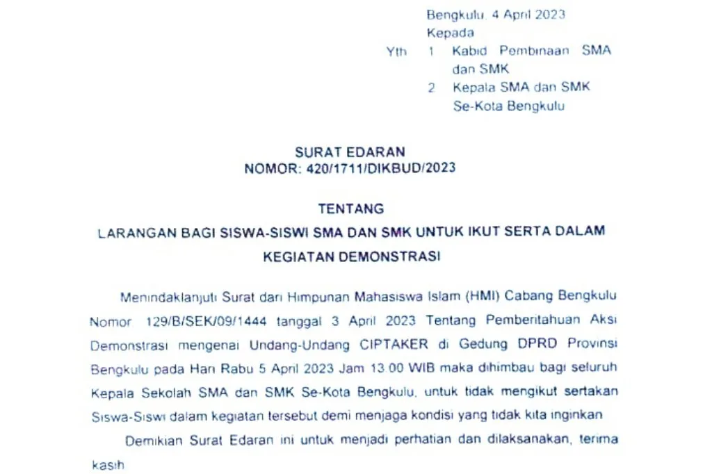 Demo Tolak UU Cipta Kerja, SE Larangan Dikbud Bengkulu Hingga Reaksi HMI