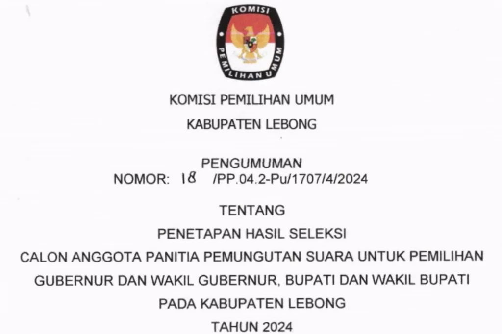 Pengumuman Penetapan Hasil Seleksi PPS KPU Kabupaten Lebong