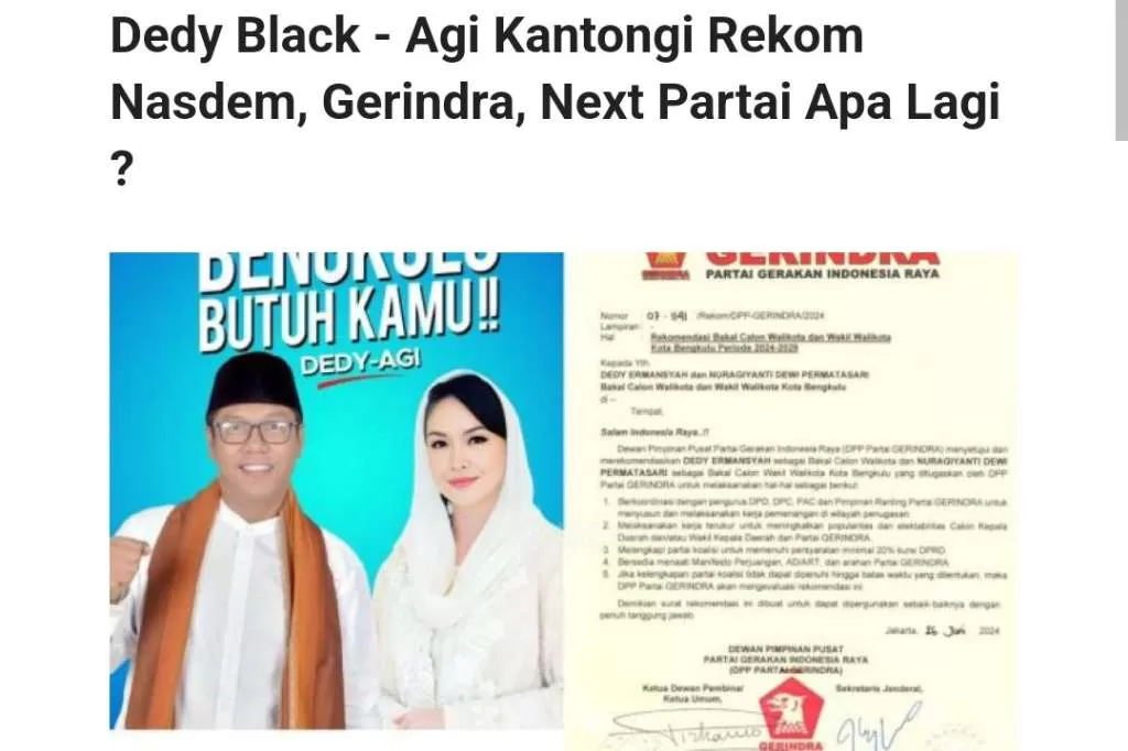 Rekom Dedy-Agy dari Gerindra Dipertanyakan Kebenarannya, Ini Penjelasan Ketua DPD Gerindra Bengkulu