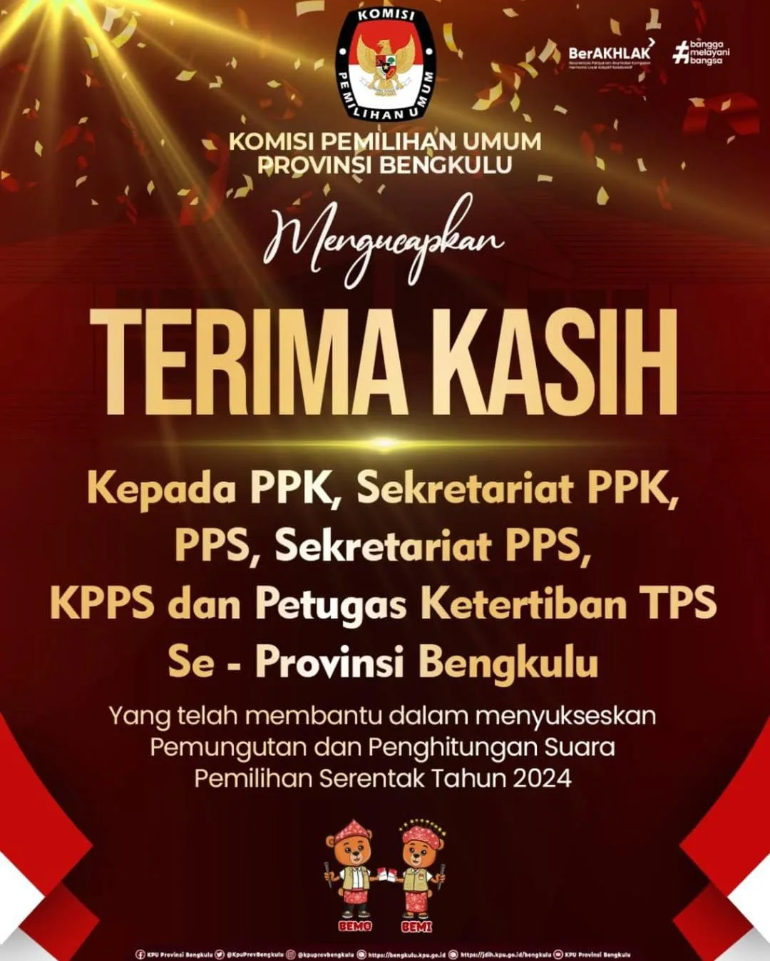 KPU Provinsi Bengkulu Mengucapkan Terima Kasih Kepada Seluruh Jajaran Yang Membantu Mensukseskan Pilkada Serentak 2024 di Bengkulu
