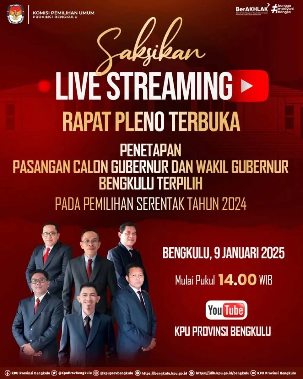 Saksikan Live Streaming Rapat Pleno Terbuka Penetapan Paslon Gubernur dan Wakil Gubernur Bengkulu Terpilih Pilkada 2024