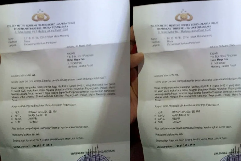 Oknum Polisi Menteng Jakpus Diduga Minta THR Pakai Surat Kop Resmi