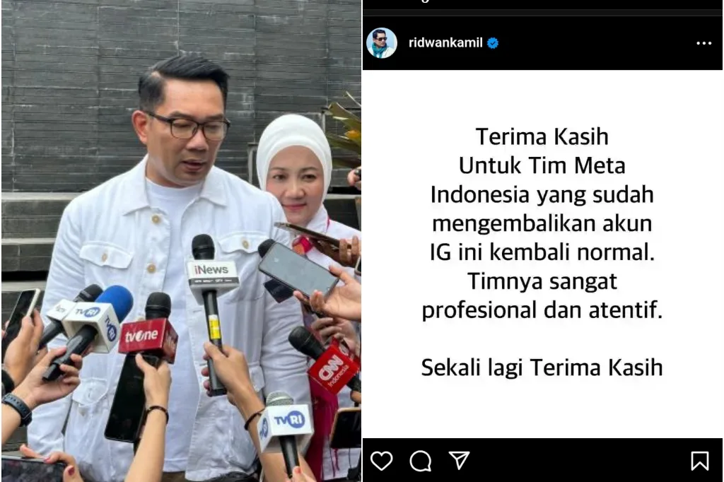 Akun Instagram Ridwan Kamil Hari Ini Kembali Pulih Usai Diretas
