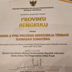 Bengkulu Sabet Penghargaan Provinsi Terbaik Kedua Sumatera dalam Pengendalian Inflasi Nasional