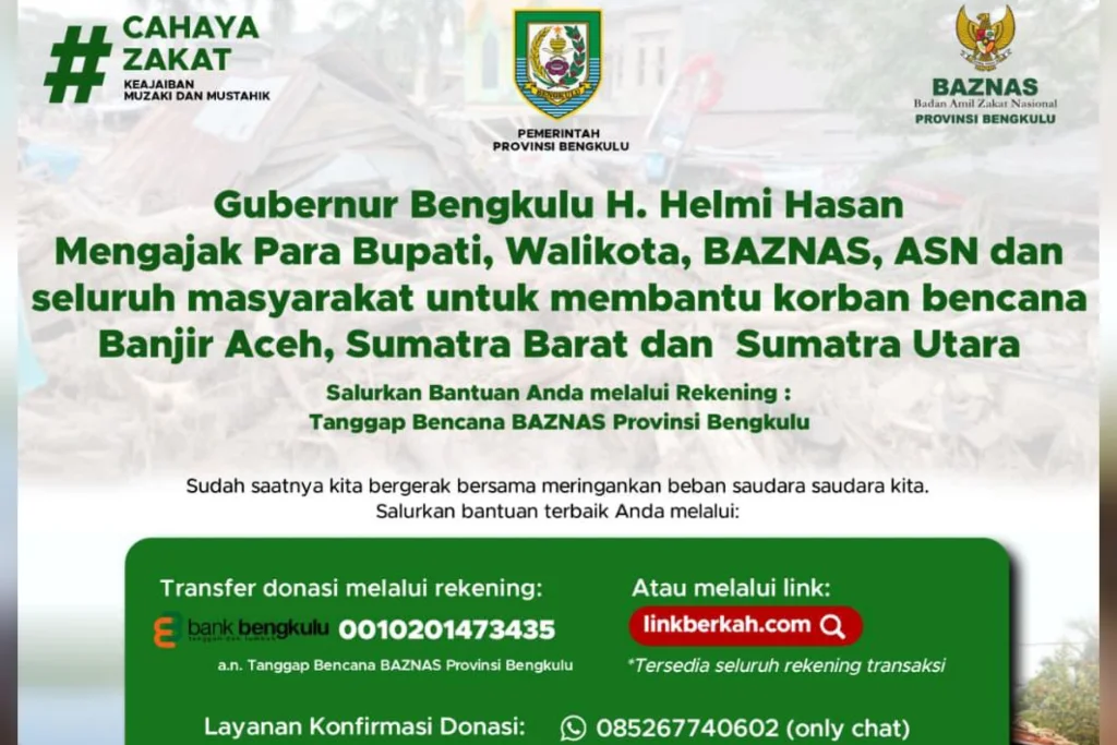 Pemprov Bengkulu Targetkan 3 Miliar Untuk Bantu Korban Bencana di Sumbar, Sumut, dan Aceh