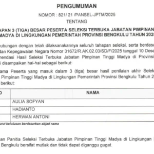 Pemprov Bengkulu Umumkan Tiga Besar Calon Sekda, Ada ASN Pusat