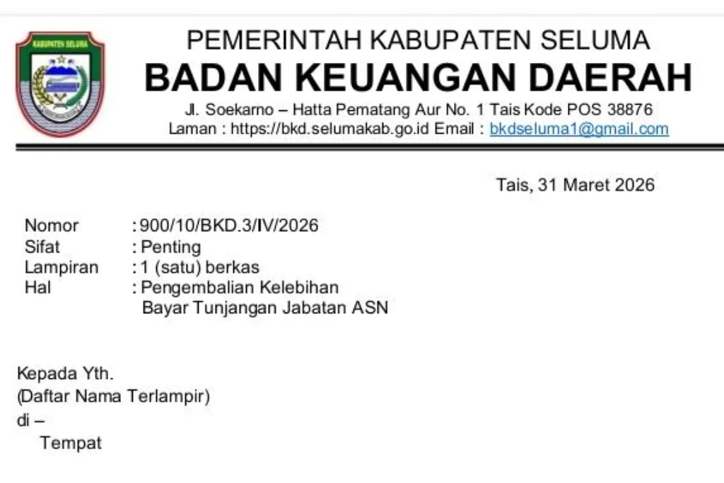 36 ASN Seluma Diminta Kembalikan Kelebihan Uang Tunjangan Jabatan