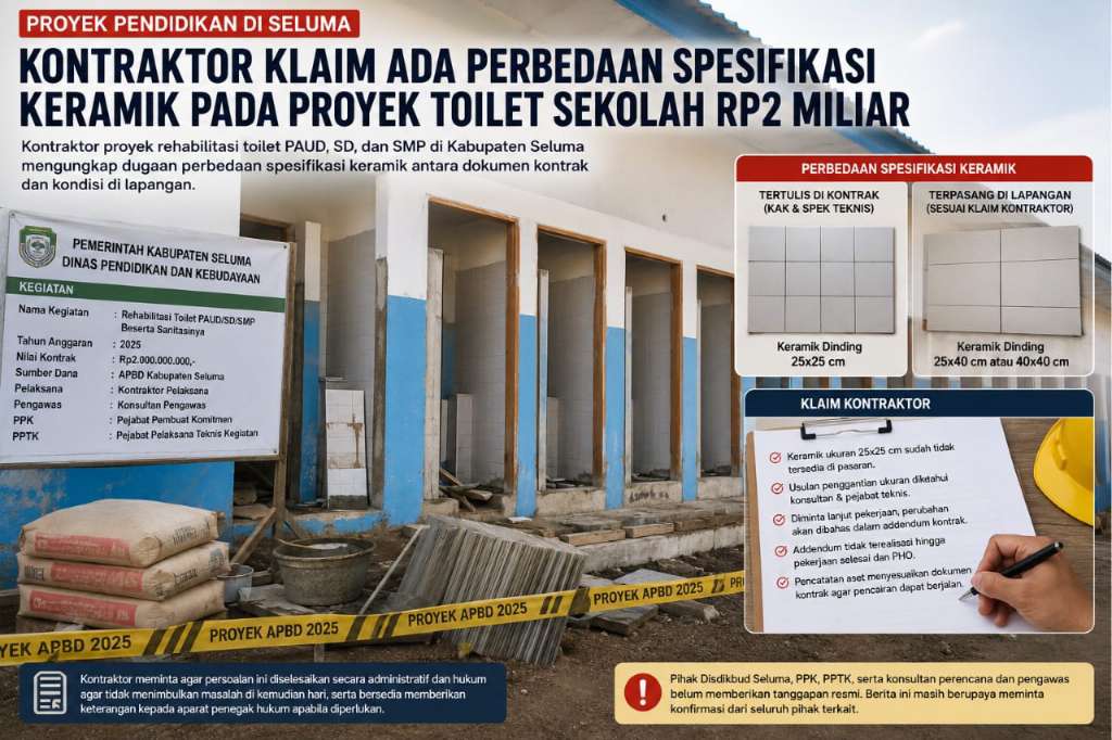 Proyek Toilet Disdikbud Kabupaten Seluma Bermasalah, Kontraktor Akui Adanya Perbedaan Kontrak dan Fisik