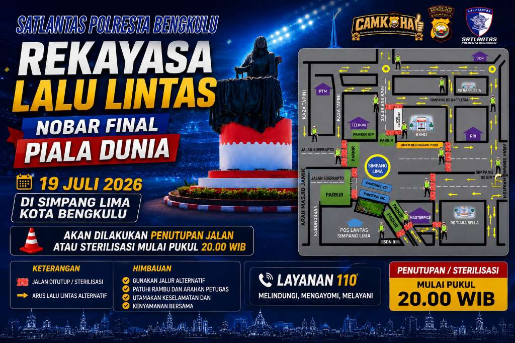 Nobar Final Piala Dunia di Simpang Lima, Satlantas Polresta Bengkulu Terapkan Rekayasa Lalu Lintas