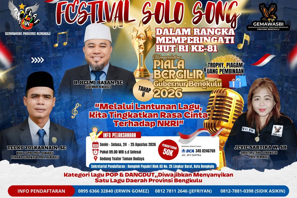 Gemawasbi Bengkulu Gelar Festival Solo Song Tahap II Memperebutkan Piala Bergilir Gubernur 2026 Gemawasbi Bengkulu Gelar Festival Solo Song Tahap II Memperebutkan Piala Bergilir Gubernur 2026