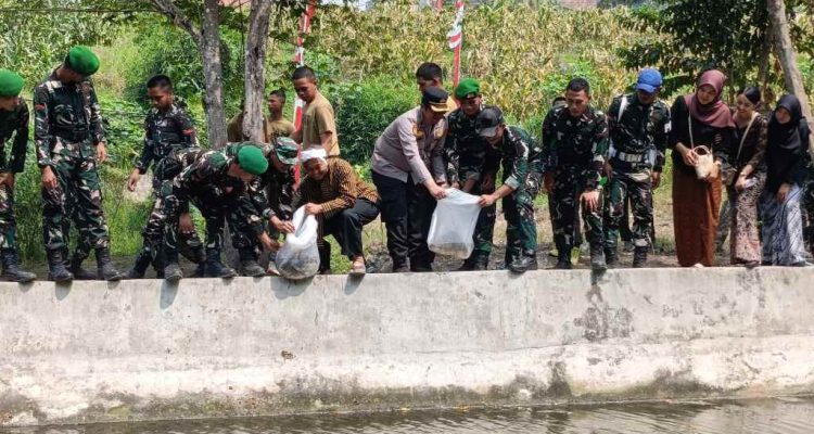 Jembatan Garuda Beroperasi, Koramil Sananwetan Hijaukan Kali Karplos dan Sebar Benih Ikan