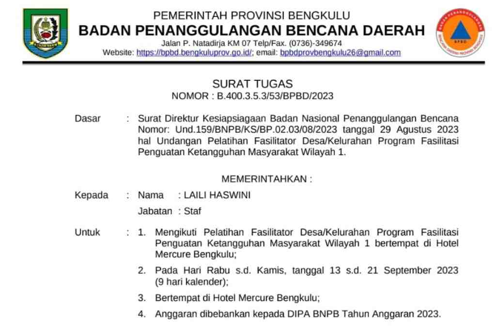Jabatan Staff Diduga Istri Kalaksa Bpbd Provinsi Bengkulu Dipertanyakan