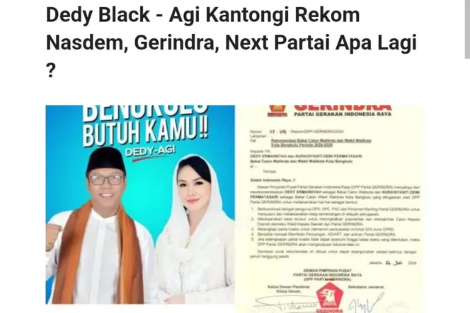 
					Salah Satu Media Online Yang Memberitakan Bahwa Pasangan Dedy-Agy Dapat Rekom Dari Partai Gerindra Maju Pilkada 2024