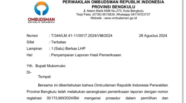 Penggalan Surat Ombudsman RI Untuk Bupati Mukomuko