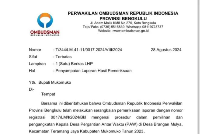 
Penggalan Surat Ombudsman RI Untuk Bupati Mukomuko