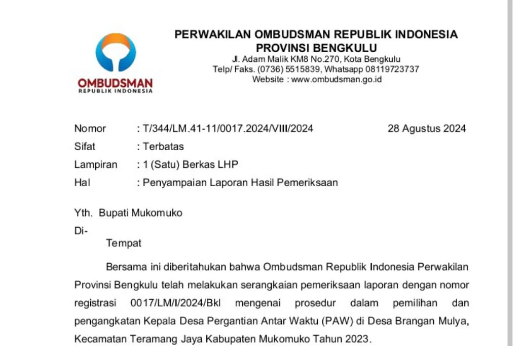 Soal Kades PAW, Mencuat Kabar Ombudsman RI Kembali Surati Bupati Mukomuko