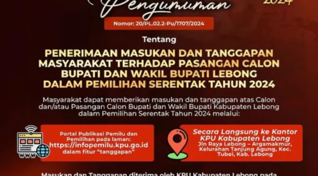 Pengumuman Masa tanggapan Masyarakat Terhadap Pasangan Calon Kepala Daerah Kabupaten Lebong tahun 2024