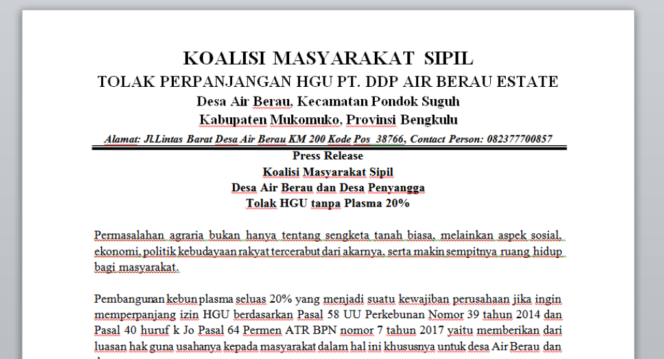 
					Press Release Koalisi Masyarakat Sipil (KMS) desa Air Berau, Kecamatan Pondok Suguh, Kabupaten Mukomuko